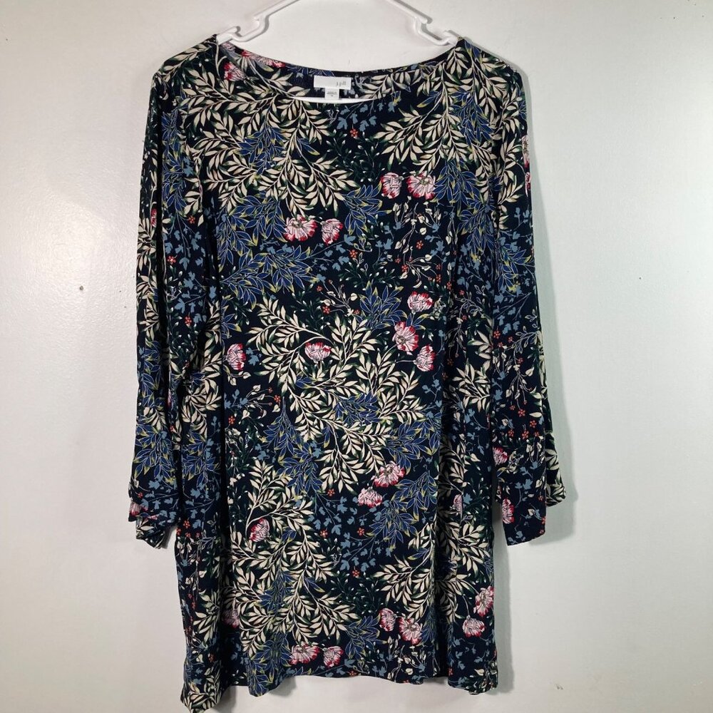 Womens J Jill Floral Tunic 3/4 Sleeve Side‎ Slits Blue White M Rayon
